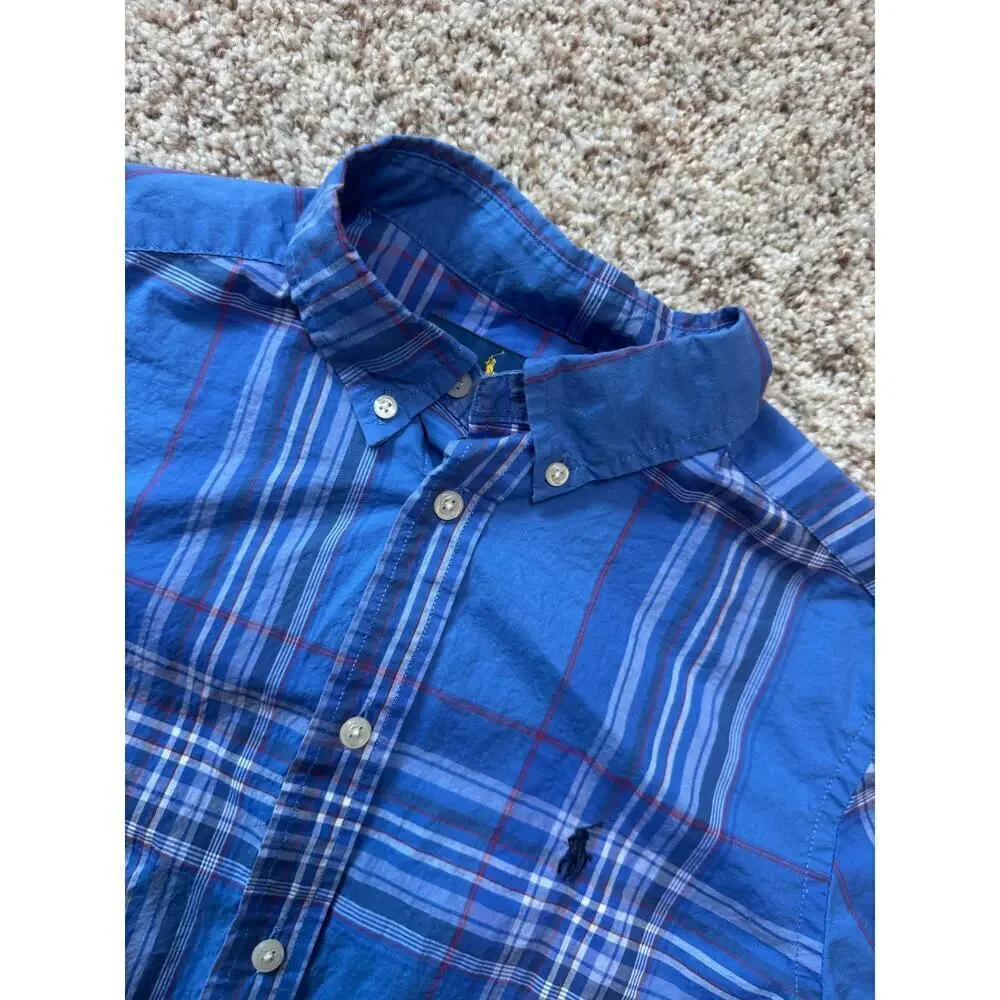 Ralph Lauren BOYS size 14/16; Collared,  short sleeve shirt, Blue Plaid print